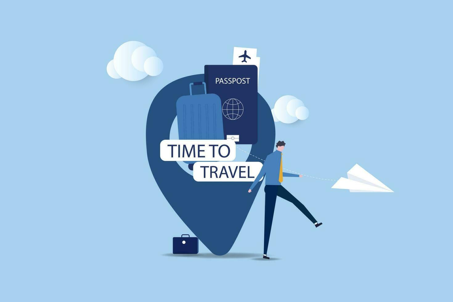 Businessman time to travel banner. Trip banner with passport, tickets, travel bag.Vector Illustrations. vector