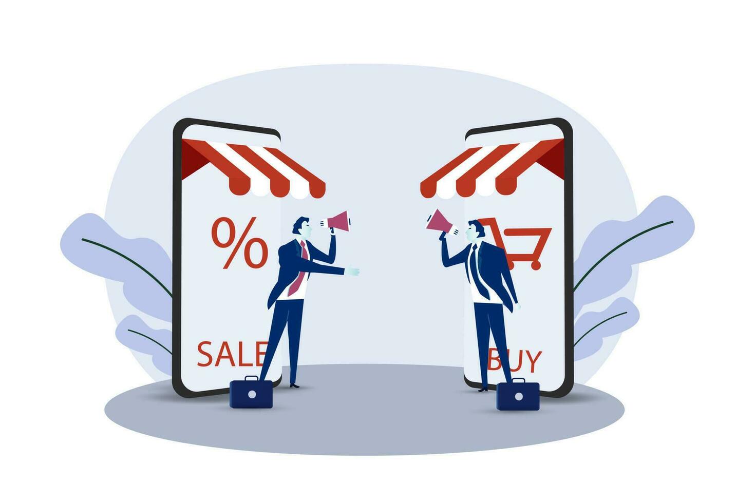 Two businessman offer via Online store sales promotion concept discounted sales prices, decreases, shopping. vector