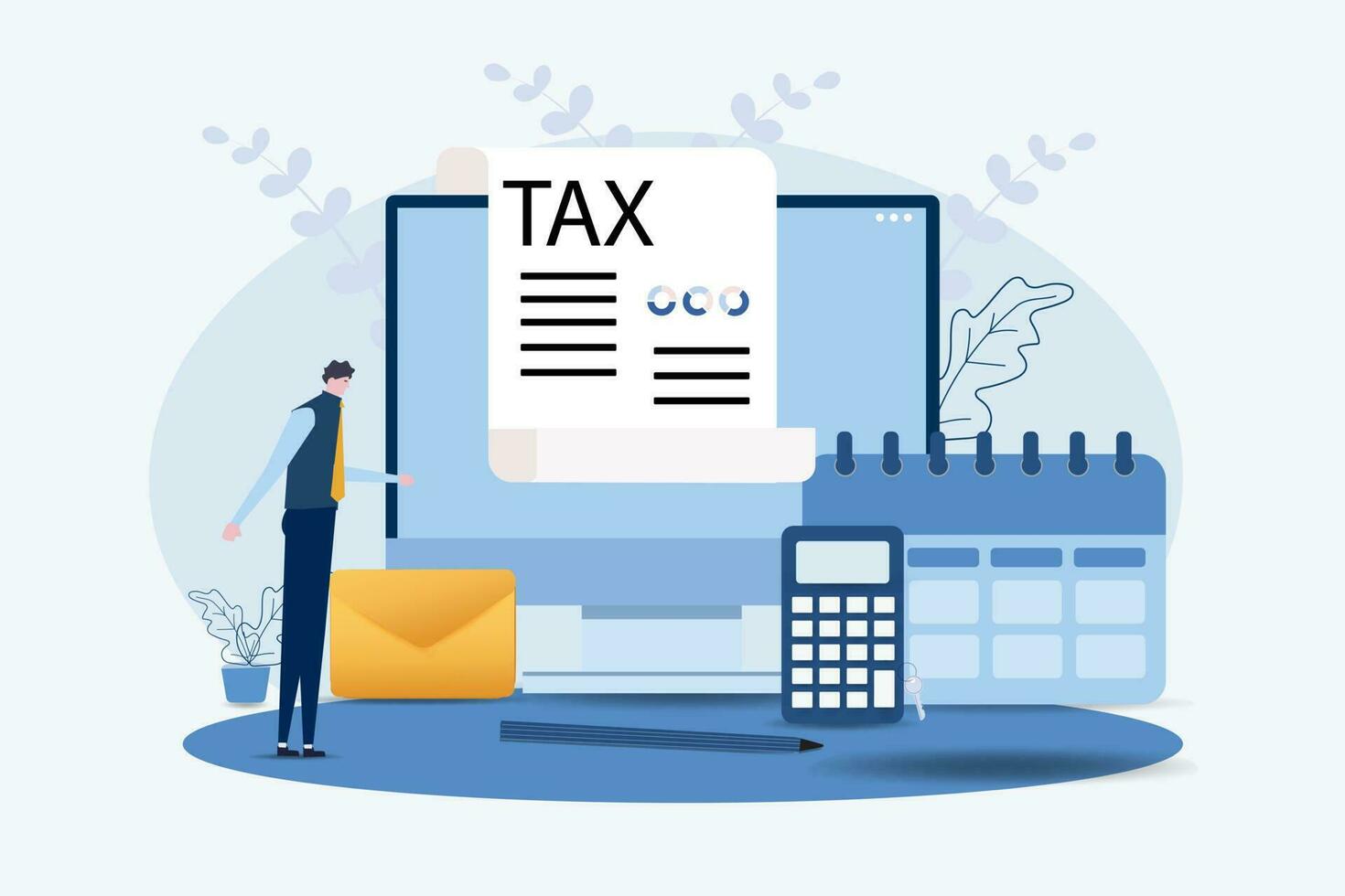 businessman online Tax payment. Filling tax form. Calendar show Tax Payment Date. Accounting and Financial Management Concept.Vector Illustrations. vector