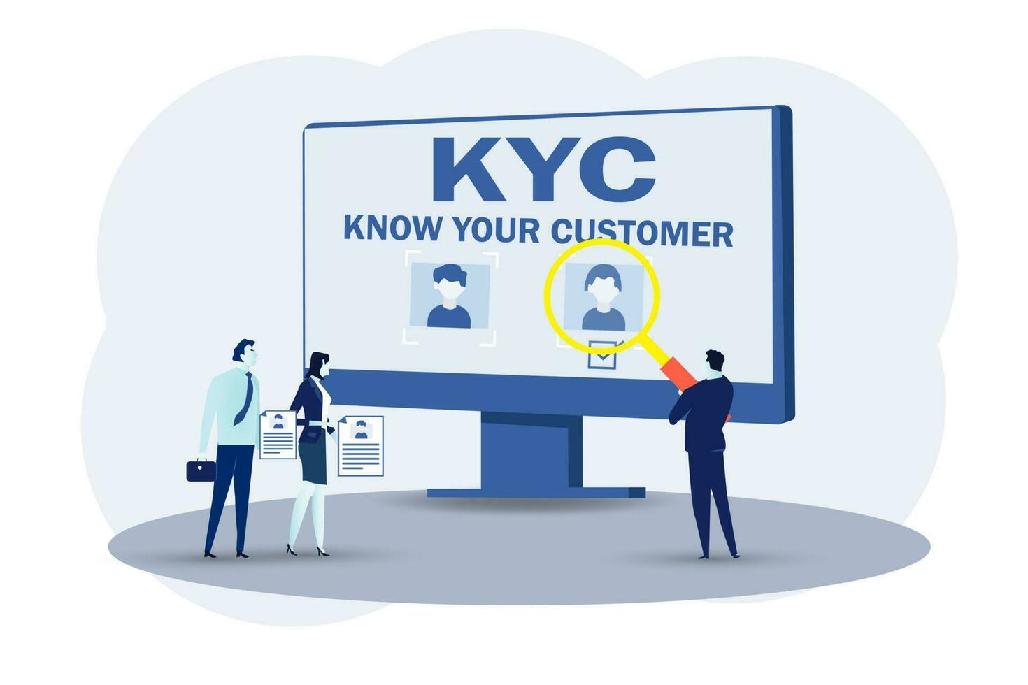 KYC or know your business with  customer verifying the identity of its clients concept at the partners-to-be through a magnifying glass vector illustrator.