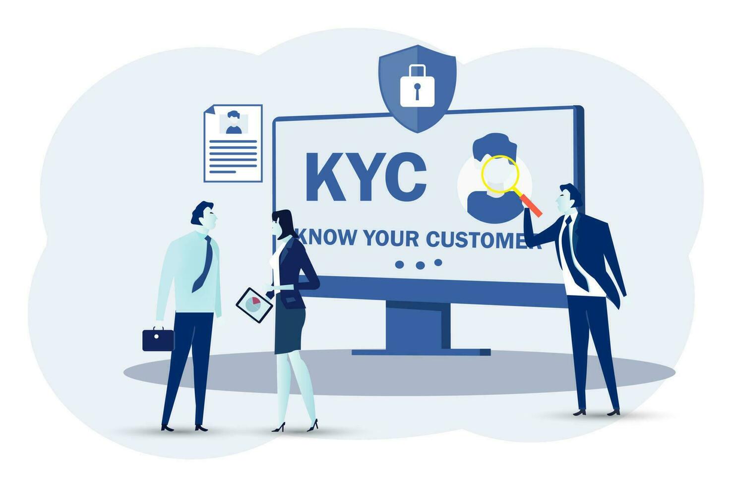 kyc, saber tu cliente concepto, negocio verificando de clientela identidad y evaluando su idoneidad, gente de negocios aprendizaje cliente perfil.vector ilustración. vector