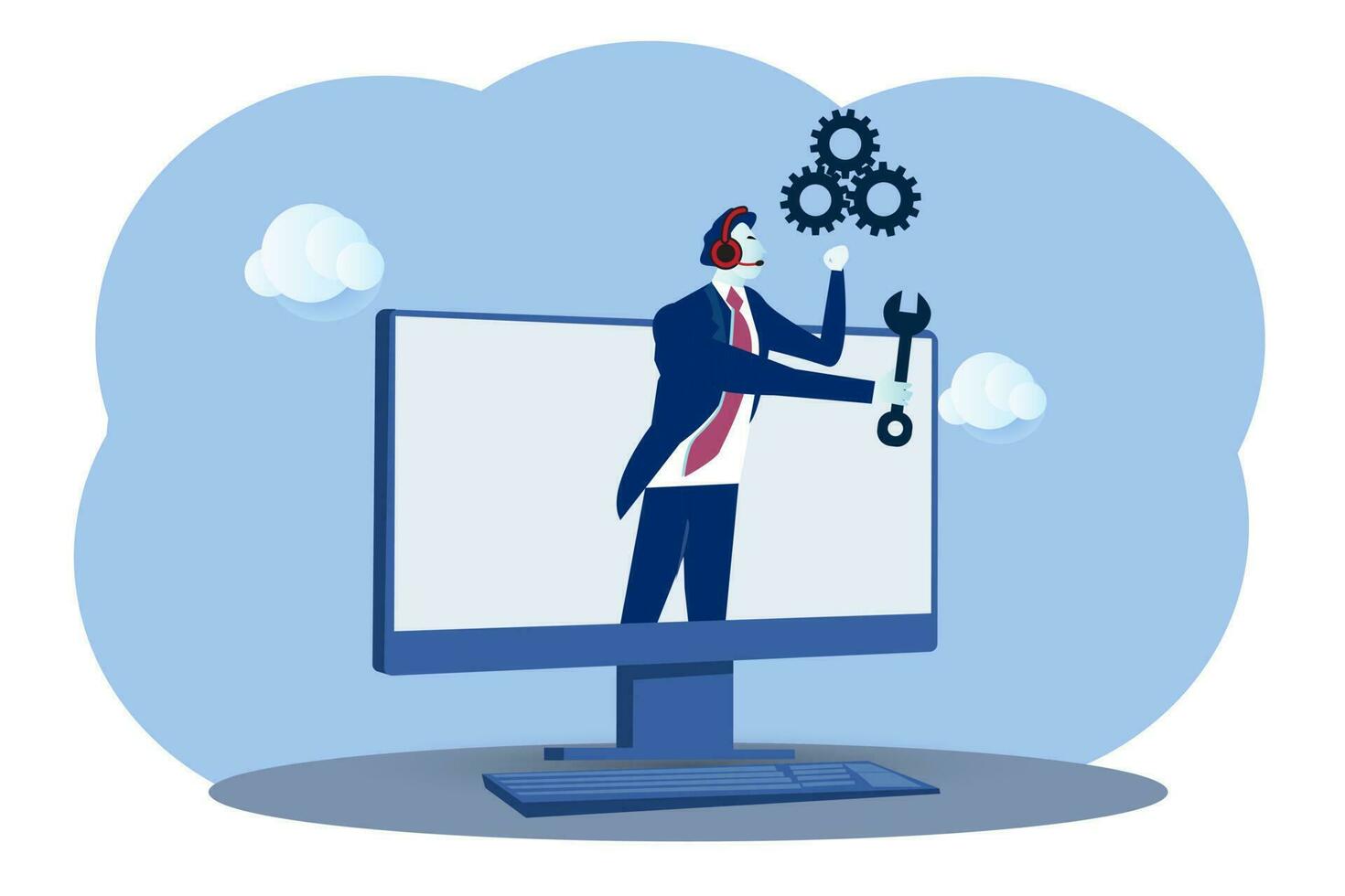 call center support help fixing technical problem, help desk or operator with phone call or chat to assist customer concept, helpful man with headset talking with customer help solve computer problem. vector