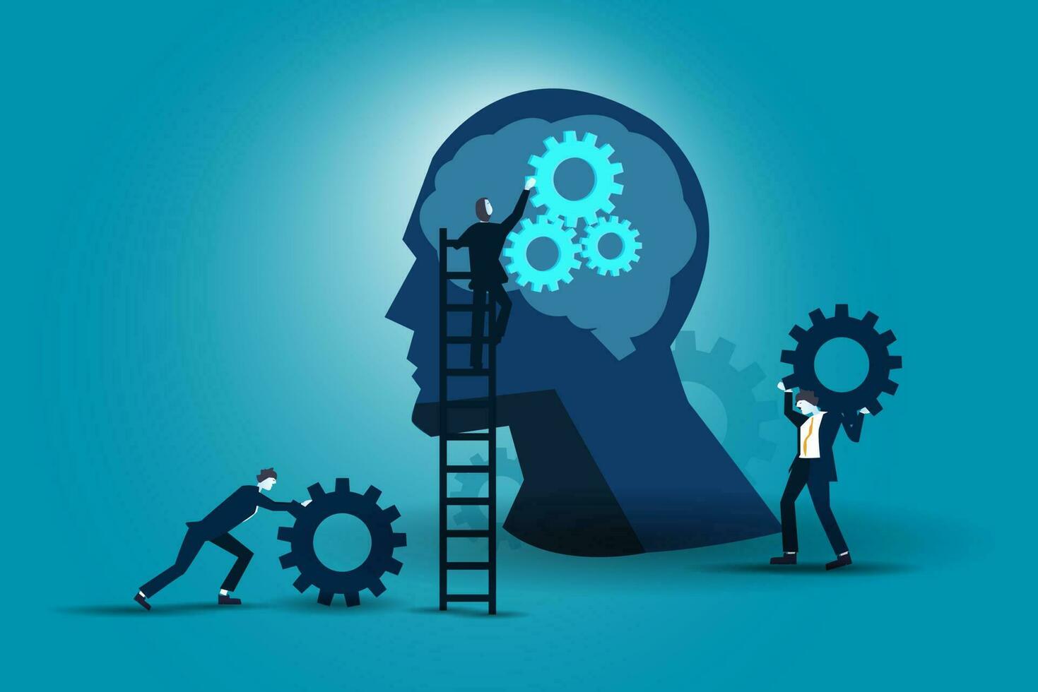 Businessmen working together installing gears in human head, business initiative, mindset improvement concept,vector vector