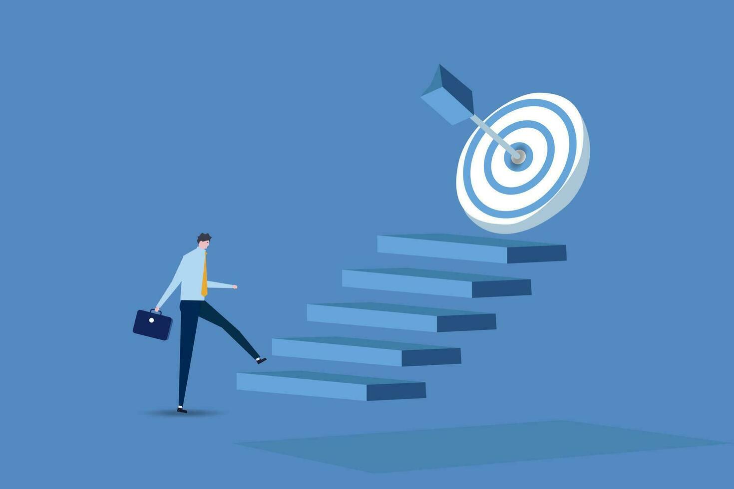 Businessman with blue  arrow hit the center of target on top of the staircase. business strategy and target achievement concept.vector illustration. vector