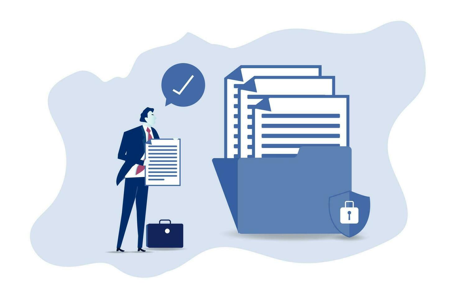 Businessman adds file to big folder. Storage and indexing of information. Businessman holds paper document. User and data archive. vector