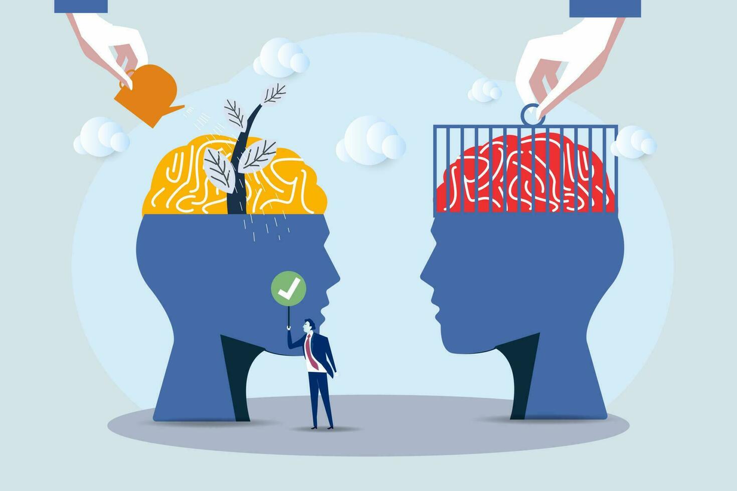 Businessman big head human think growth mindset different fixed mindset concept vector. vector
