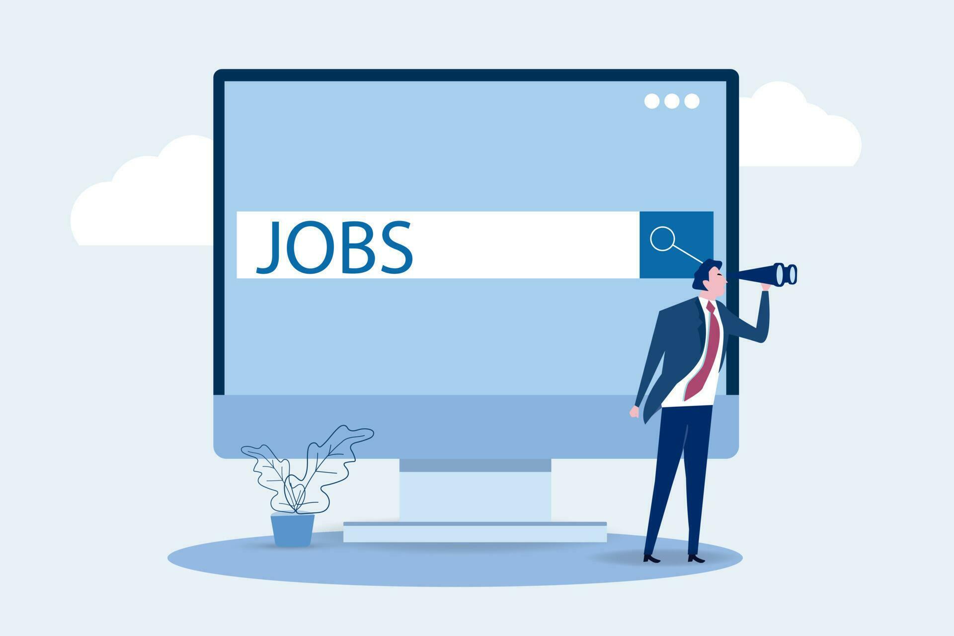 Businessman climb up ladder of job search bar with binoculars to see opportunity. looking for