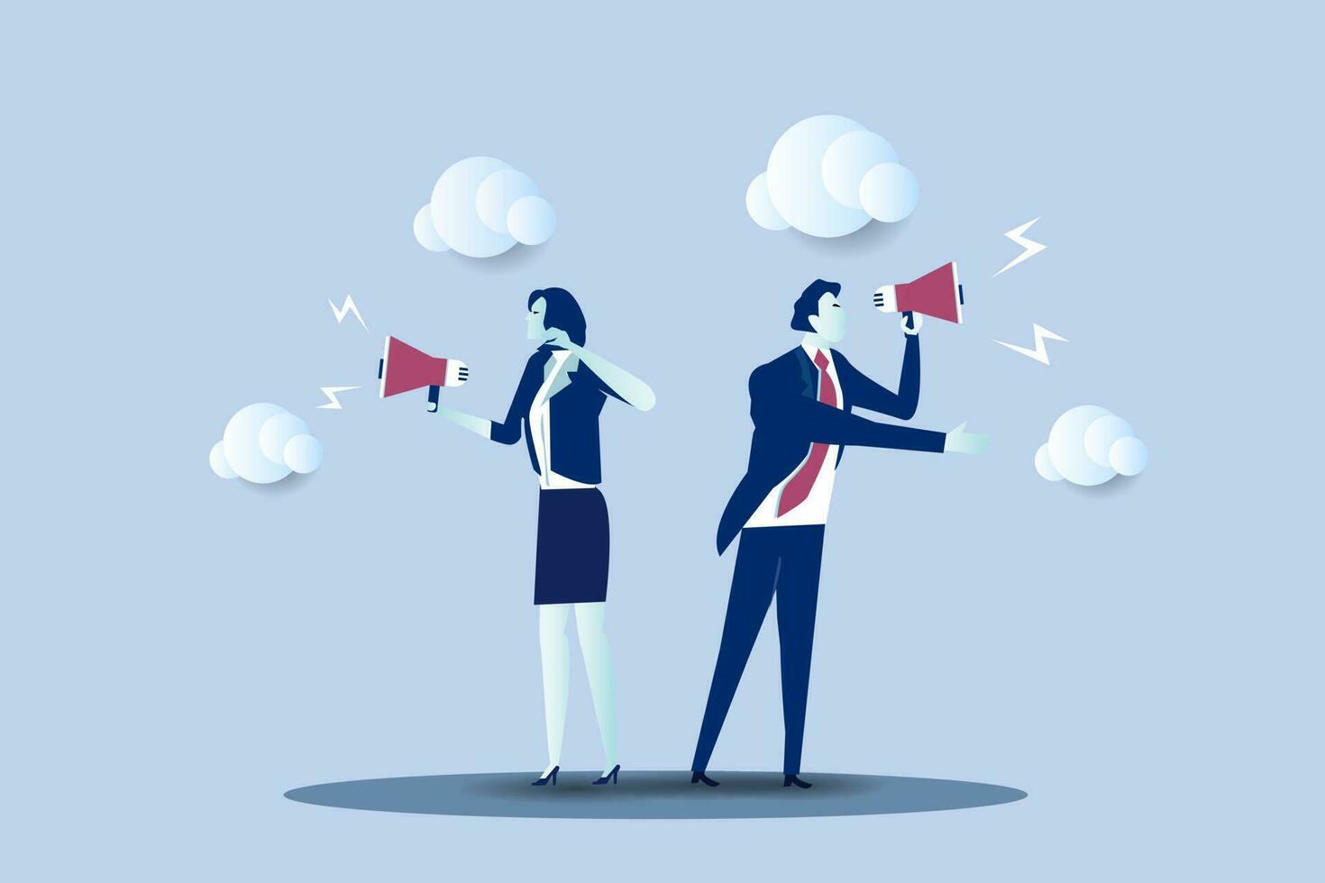 Businessman and woman shouting on megaphone.communicate message, announce job vacancy for hiring, shouting promotion or company communication, warning alert or beware or important message concept. vector