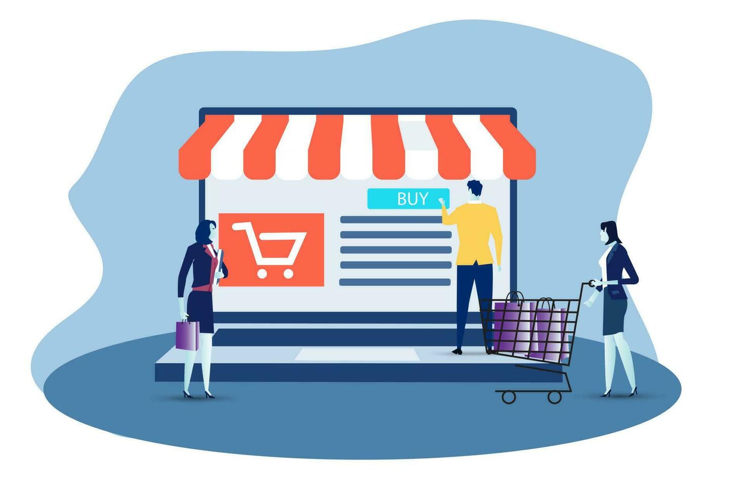 businessman and two businesswomen offer via Online store sales promotion concept discounted sales prices, decreases, shopping. vector