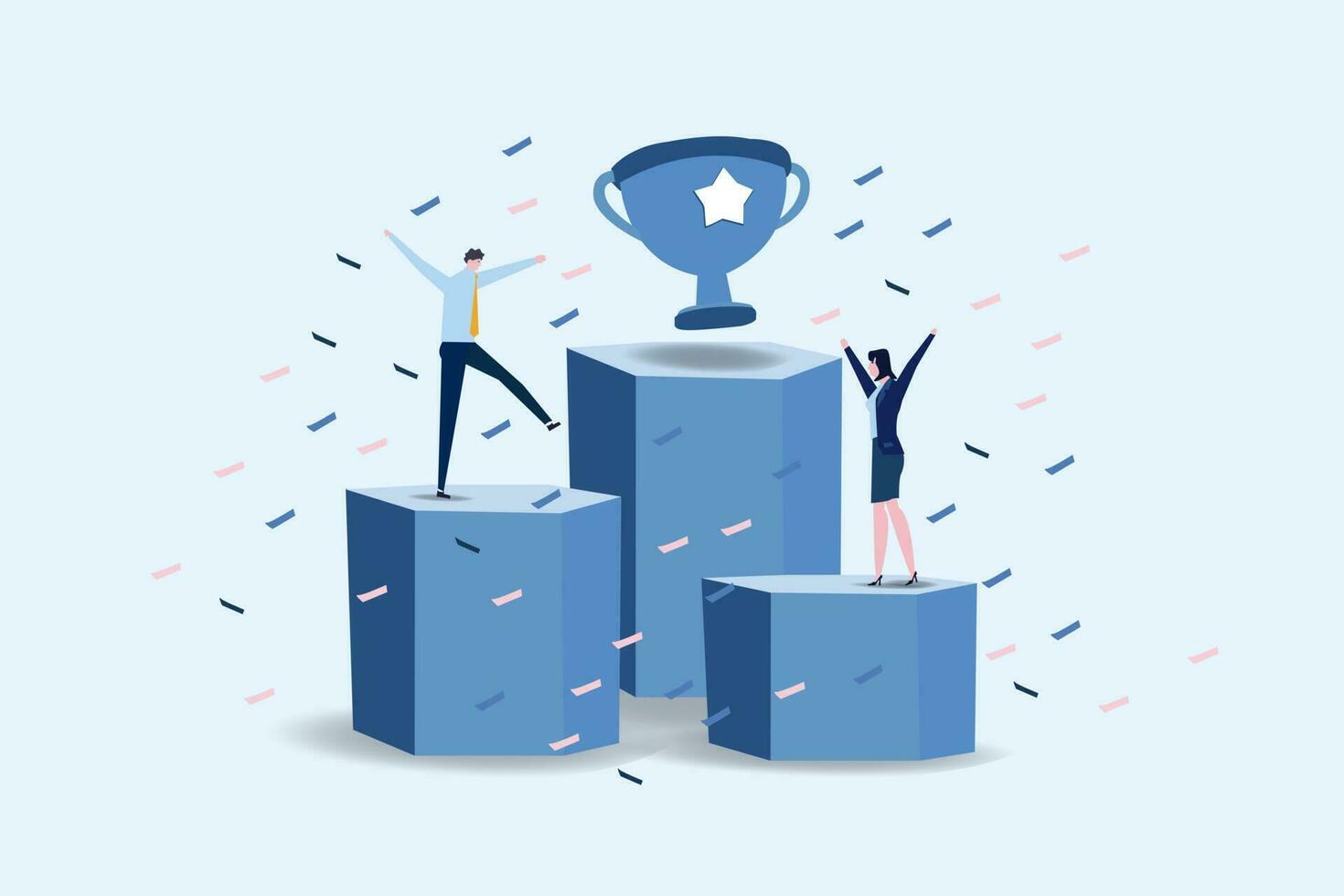 Happy business people or sportsmans with big winner cup.successful teamwork. Prize with gifts and human characters.Girl with hands up and guy jumping Vector illustration.