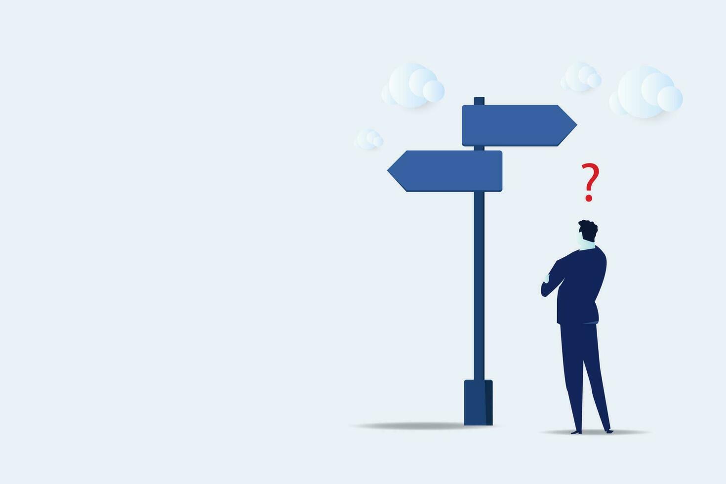 Choosing between 2 choices, make decision to the left or right, thinking in difficult situation, confusion concept, businessman thinking with question mark choose between 2 direction with copy space. vector