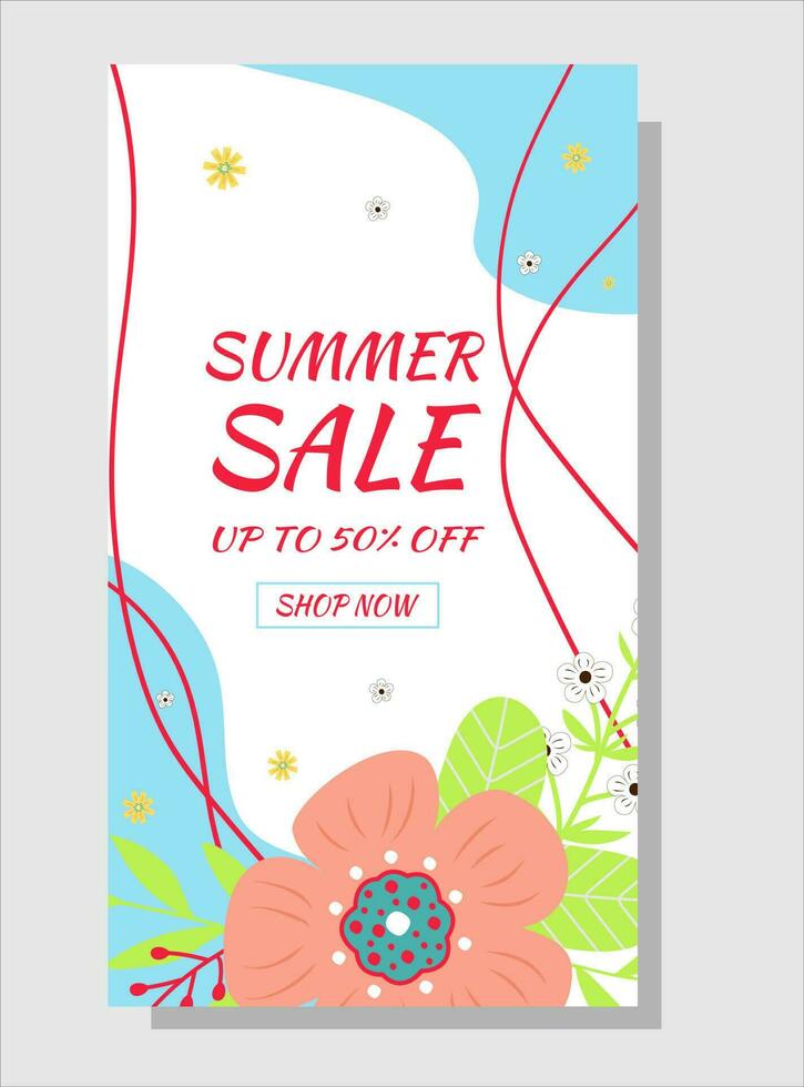 Summer sale banner. Summer flowers and abstract shape. vector