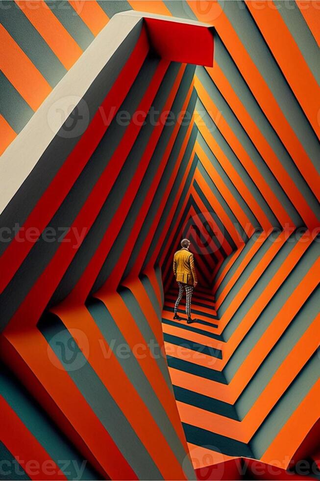 there is a man standing in room with large orange and grey striped wall. . photo