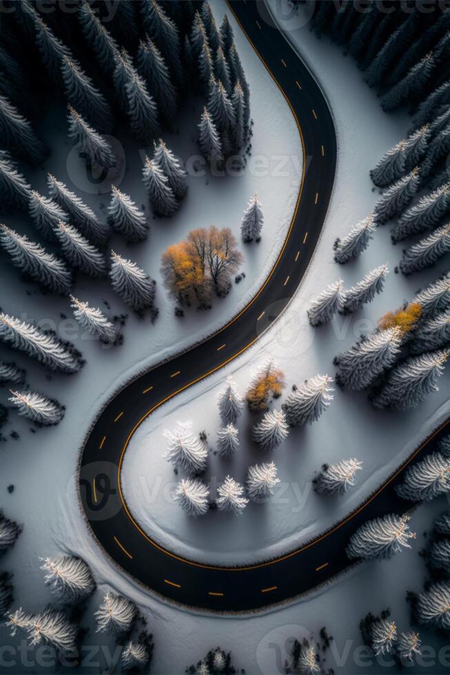 devanado la carretera rodeado por nieve cubierto arboles generativo ai. foto