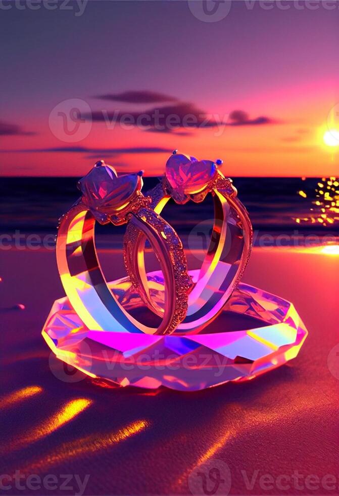 couple of wedding rings sitting on top of a beach. . photo