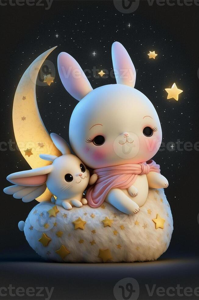 couple of rabbits sitting on top of a moon. . photo