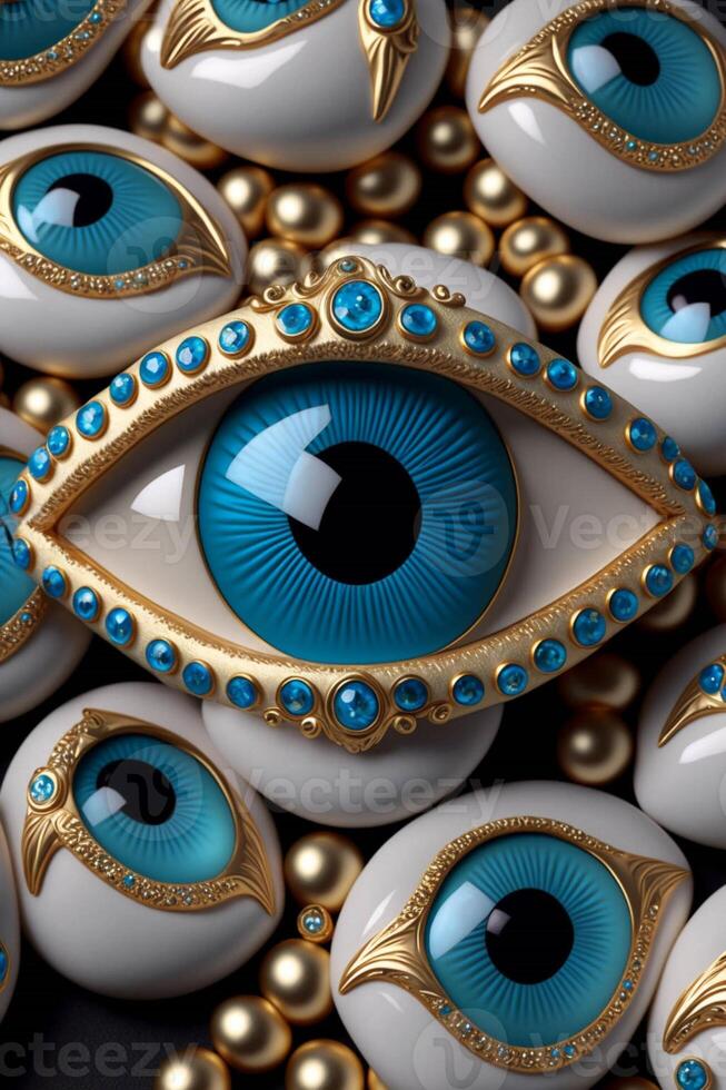 close up of an eye surrounded by pearls. . photo