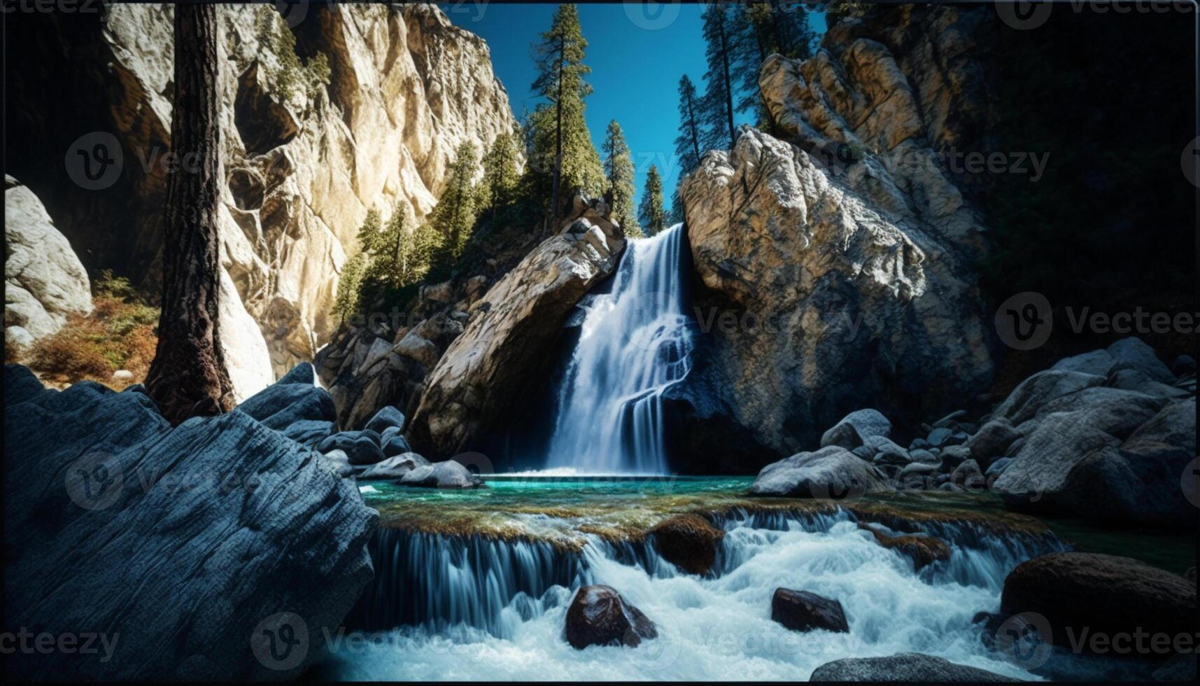 there is a waterfall in the middle of rocky gorge. . photo