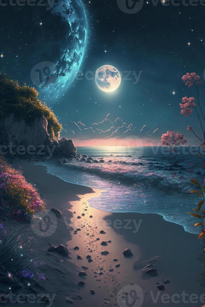 painting of a beach at night with a full moon. . photo