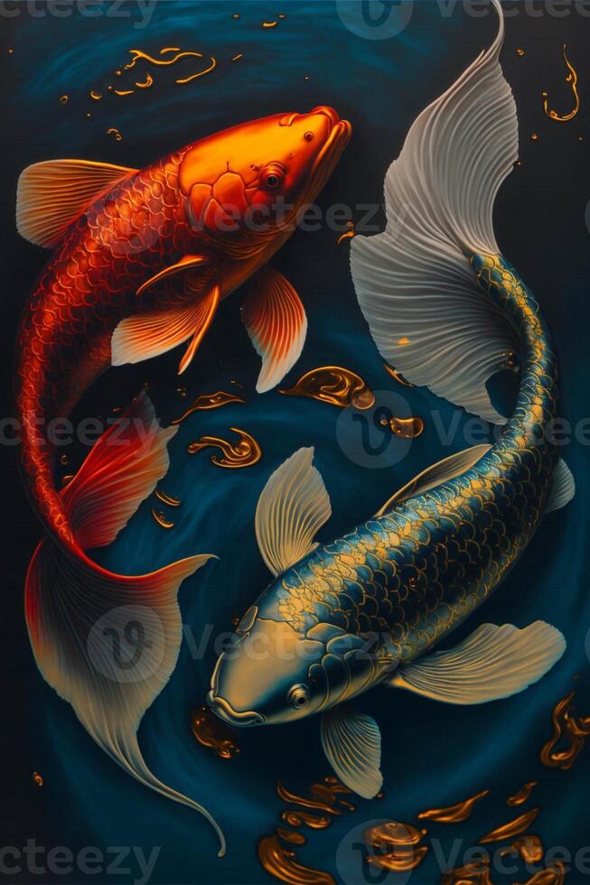 pintura de dos pescado en un cuerpo de agua. generativo ai. foto