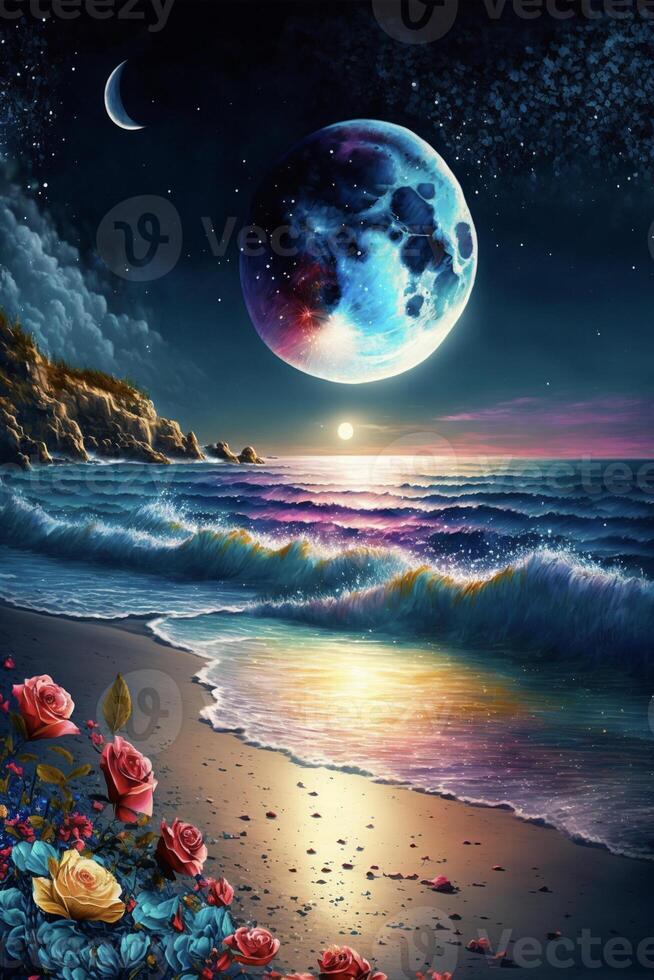 painting of a full moon over the ocean. . photo