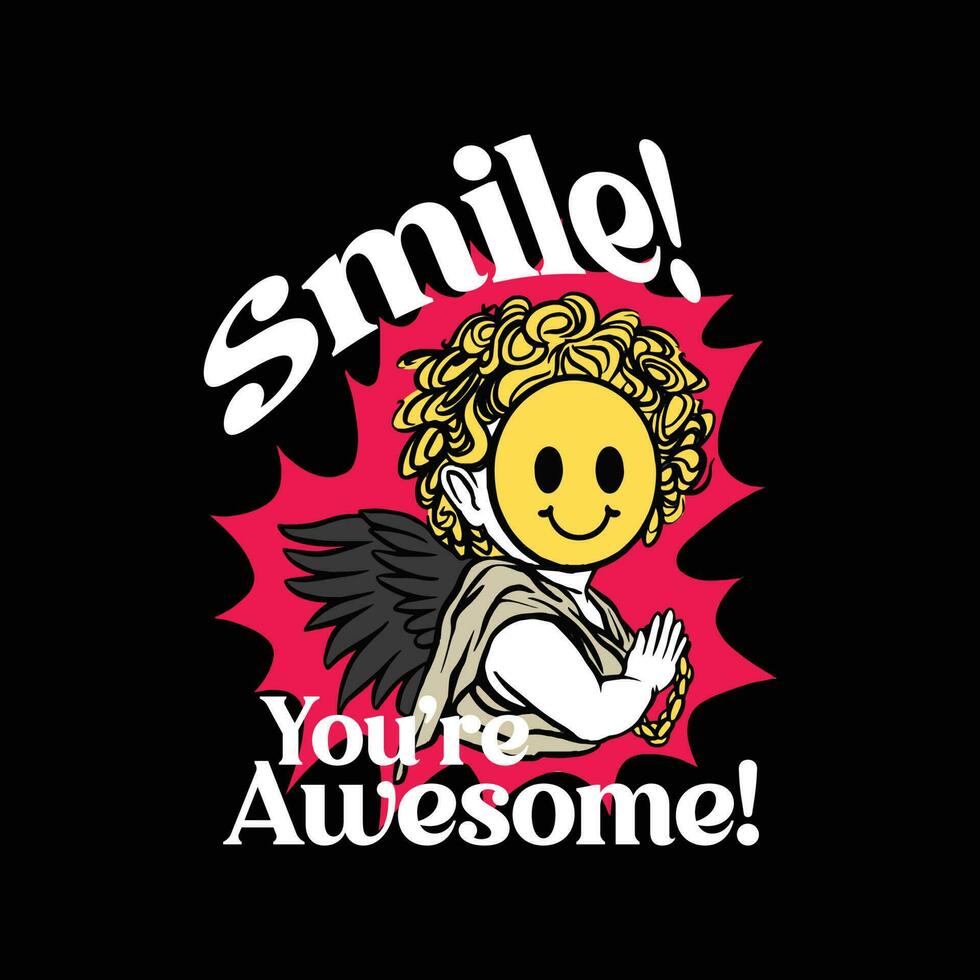 Smiling angel with wings and text on black background. Vector illustration.