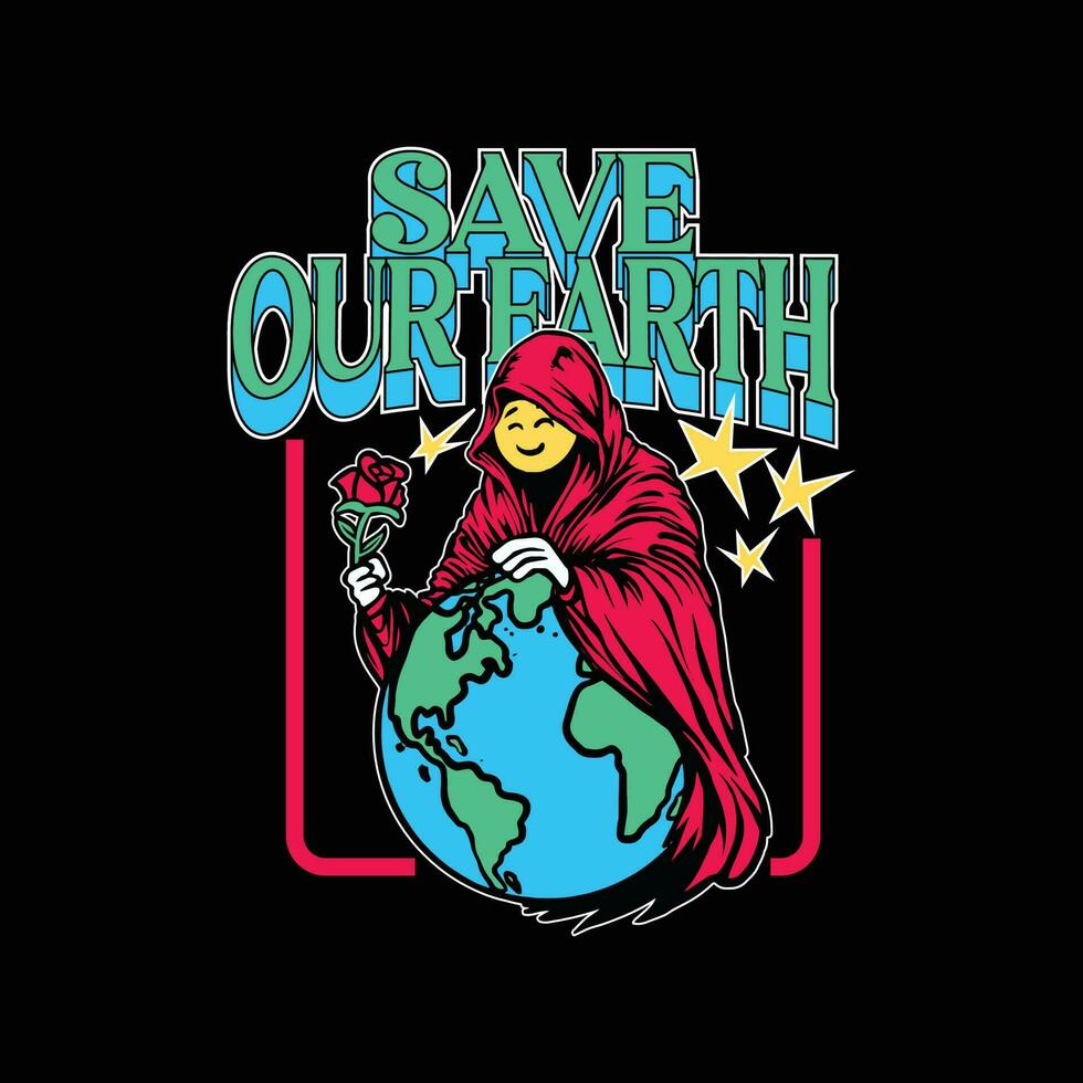 Save our earth. Vector illustration of a grim reaper wiht smiling face and holding rose.