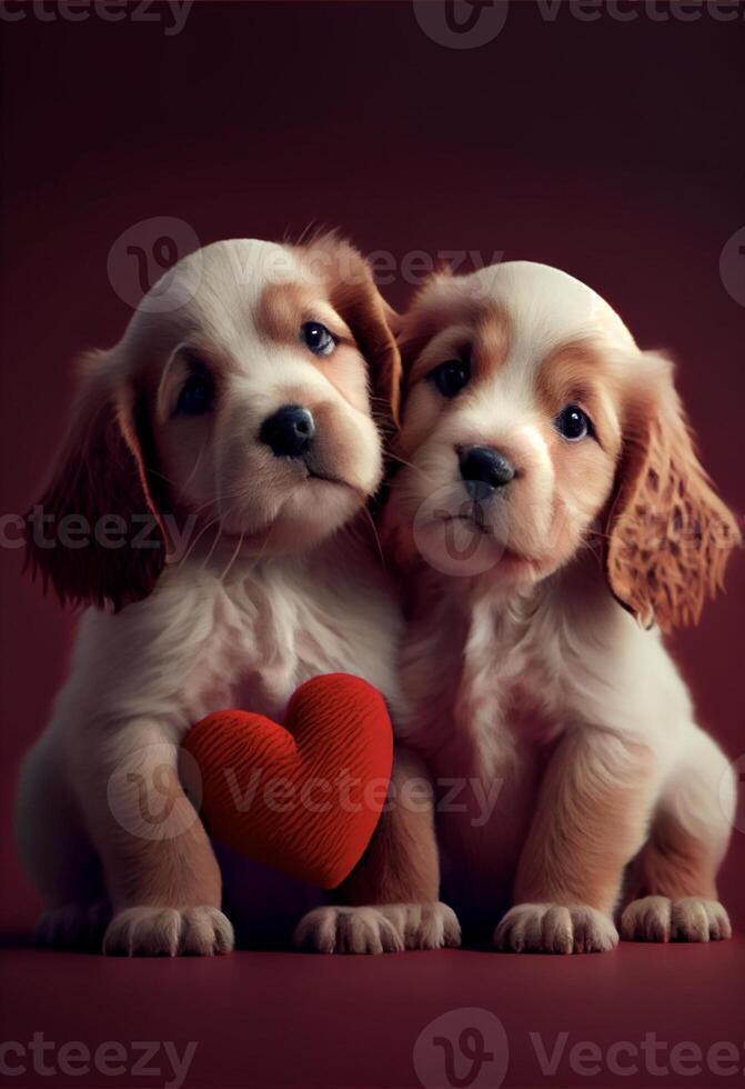 two puppies sitting next to each other with a red heart. . photo