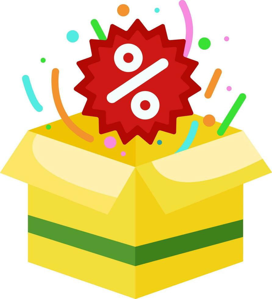 colored icon for business festive cardboard box with confetti, discounts and promotions for customers and buyers vector