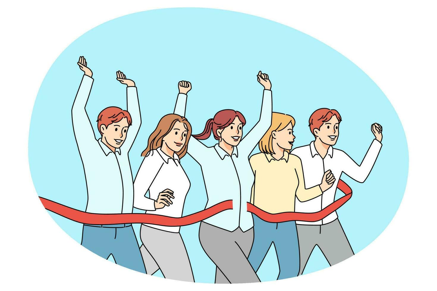 Overjoyed diverse employees cross finish line vector