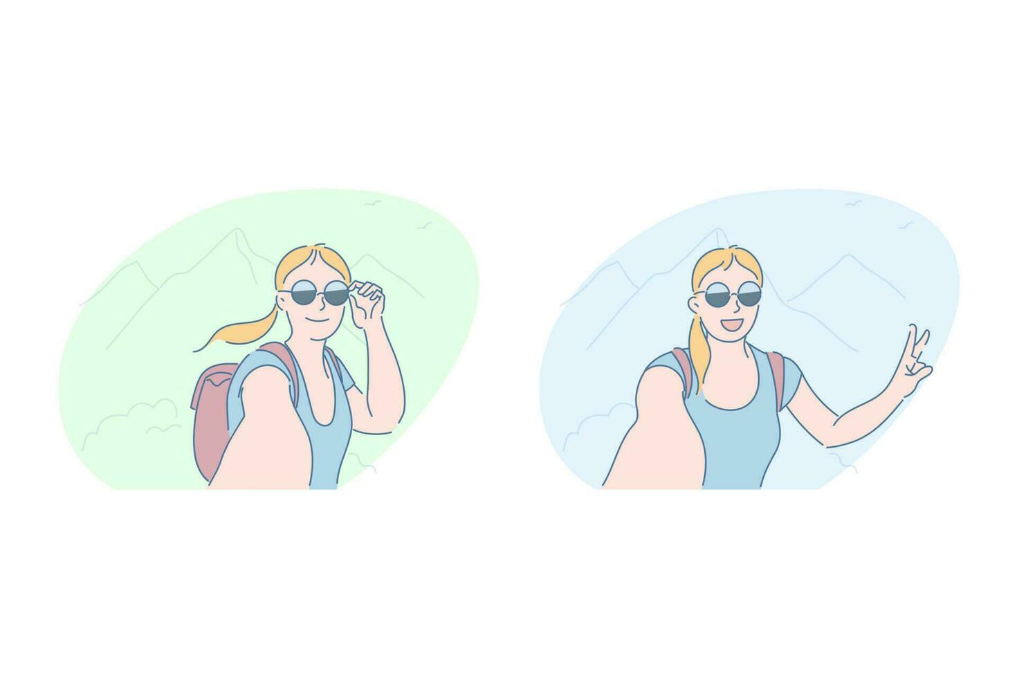 selfie afuera, mujer tomando imágenes concepto vector