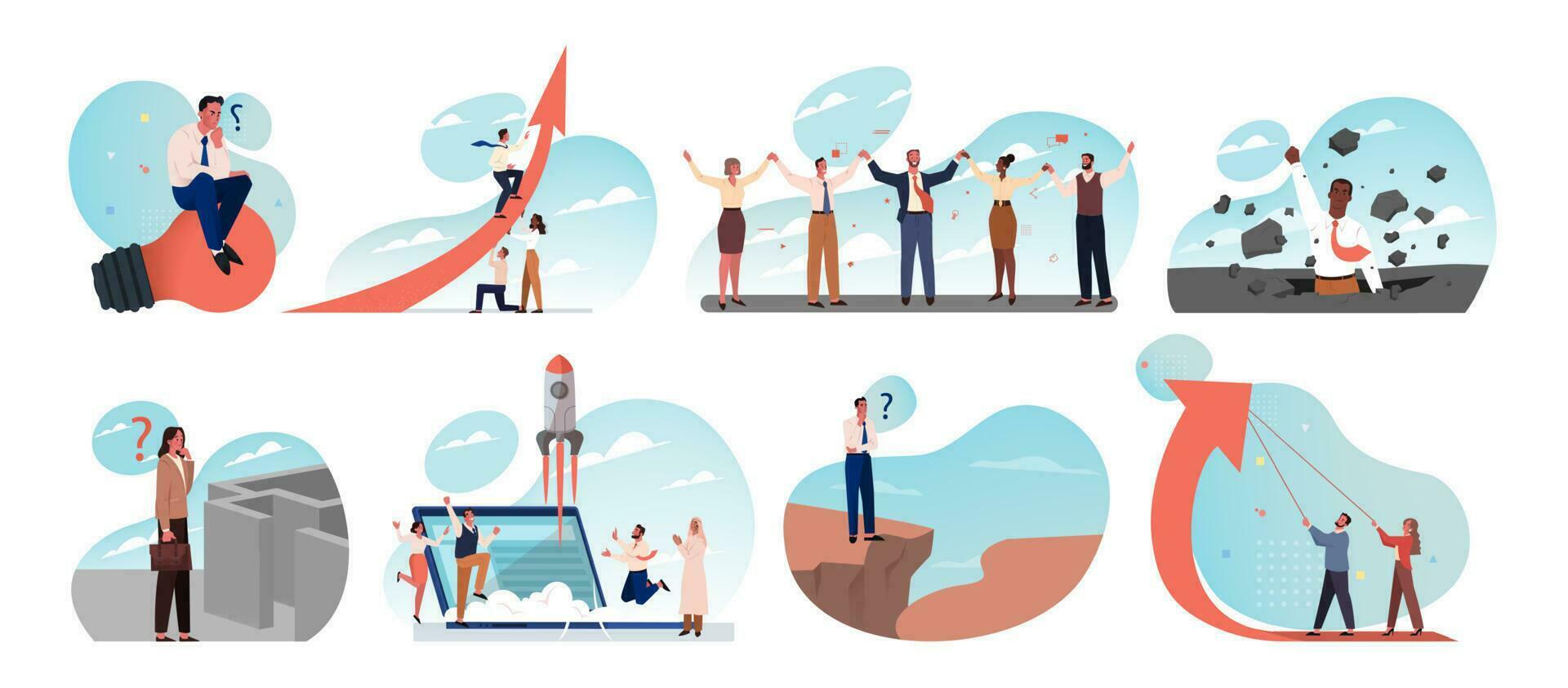 Business, idea, startup, goal achievement, success, celebration, thinking, teamwork set concept. vector