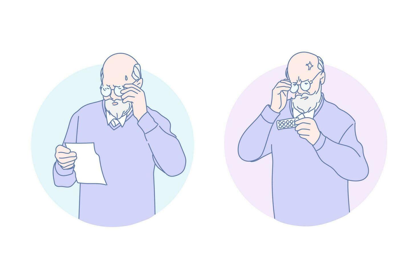 Medication, aging, health, therapy, eyesight, set. vector