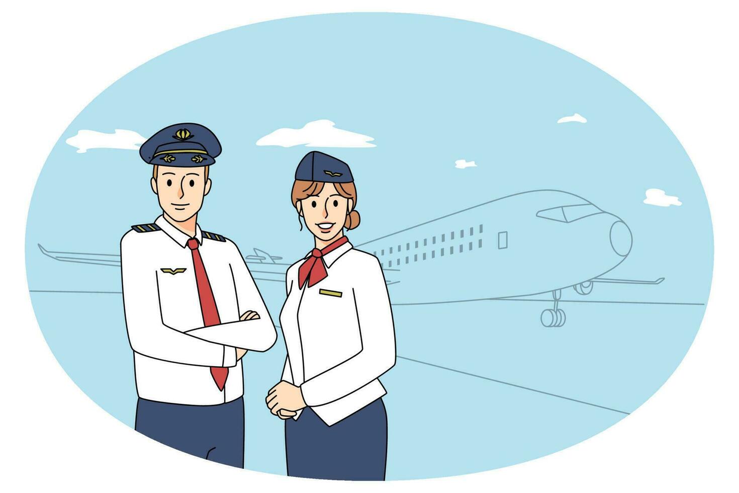 Happy pilot and stewardess near airplane vector