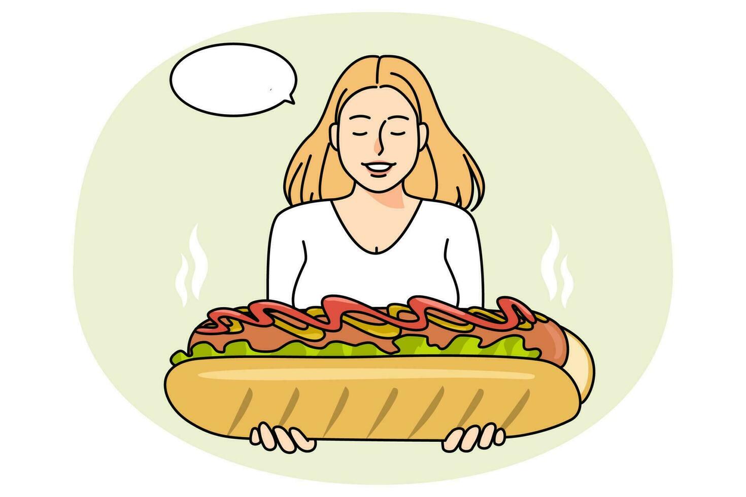 Smiling woman enjoy huge hot dog vector