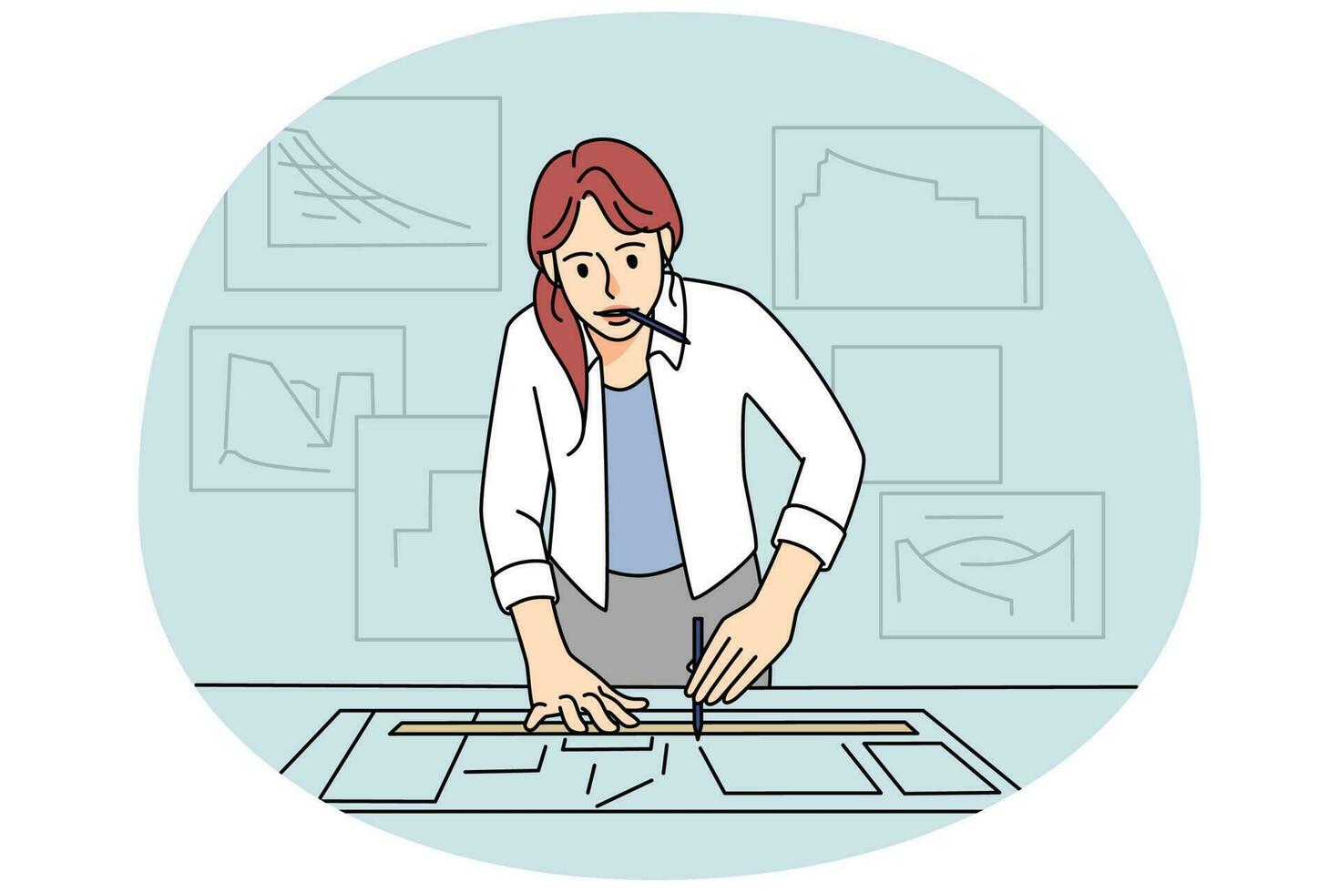 Woman architect draw on paper develop project vector