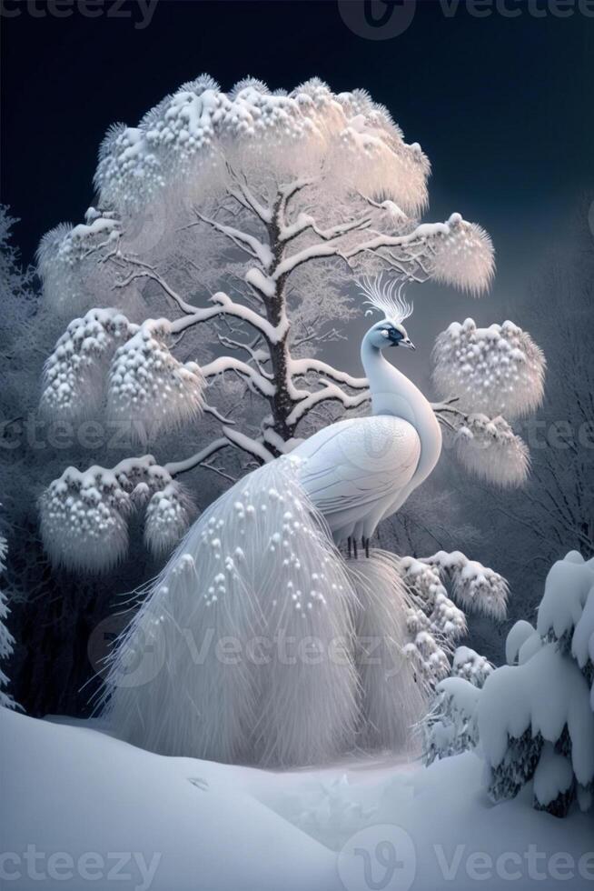 white peacock sitting on top of a snow covered tree. . photo
