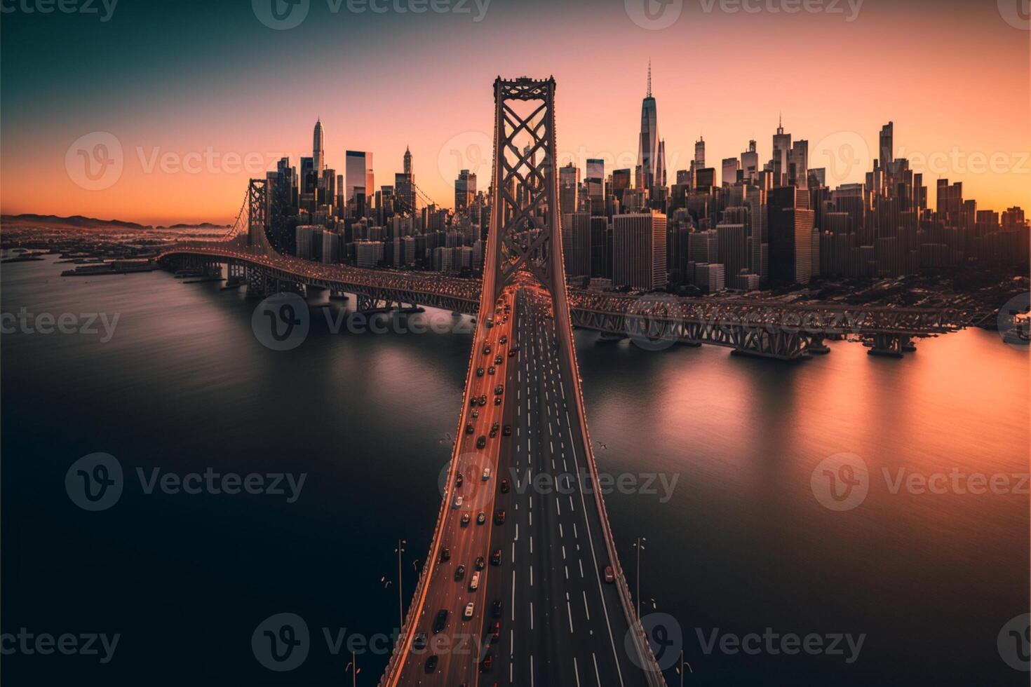 bridge over a body of water with a city in the background. . photo