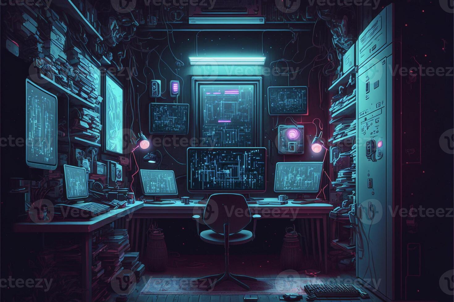 computer desk in a dark room with neon lights. . 23883368 Stock Photo