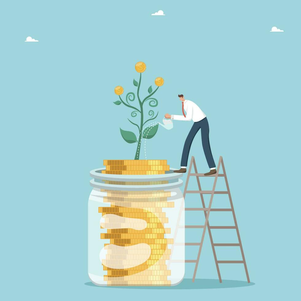 Income increase and management of own money resources, profit from investments or innovations or bank deposits, salary increases, savings and accumulation of money, businessman waters a jar of coins. vector