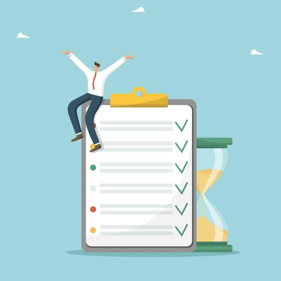 Time management and business planning, successful completion of tasks and assignments, meeting deadlines, hard work to achieve career heights, a man shouts cheers on a tablet with all completed tasks. vector