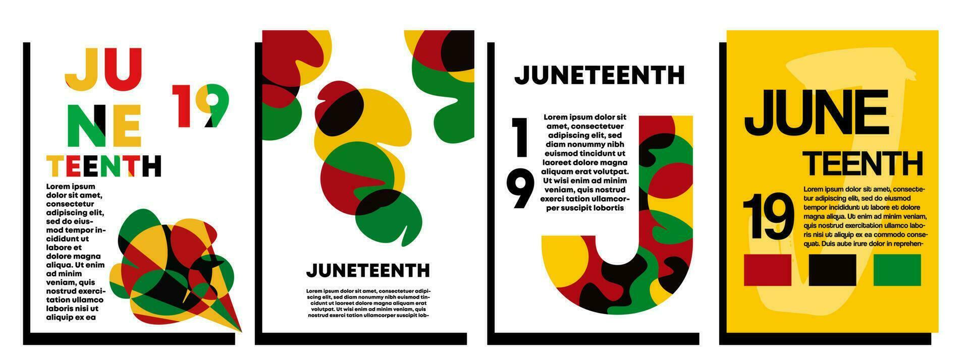 Set of concept juneteenth poster. Abstract fluid wavy shapes with black, yellow, green, red. Templates for celebration, ads, branding, banner, cover, label, sales vector