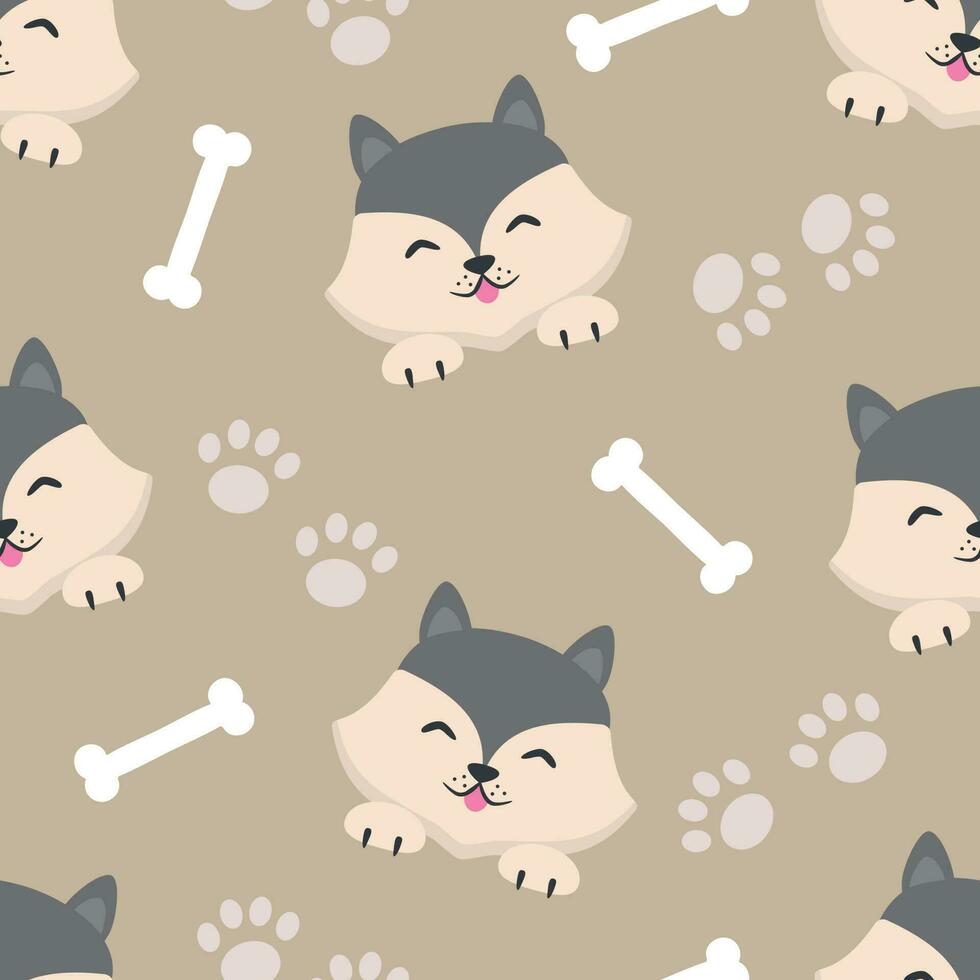 Vector seamless pattern with grey dog heads, paws and bones. Vector print with husky smiling dogs in cartoon style