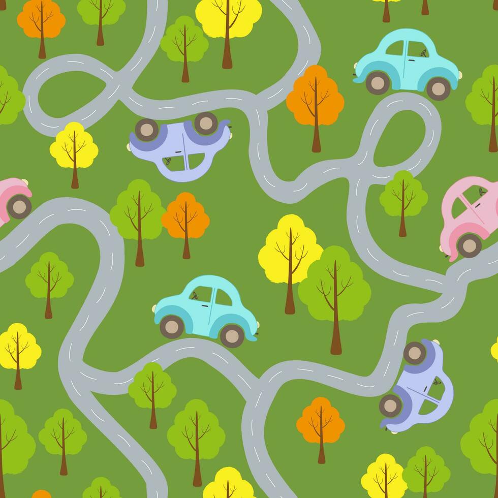 vector sin costura modelo con vistoso carros en el la carretera mapa con otoño bosque en dibujos animados estilo