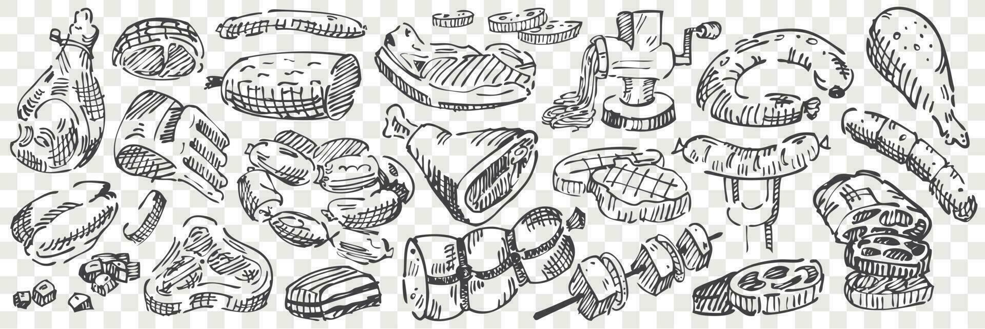 Hand drawn meat doodle set vector