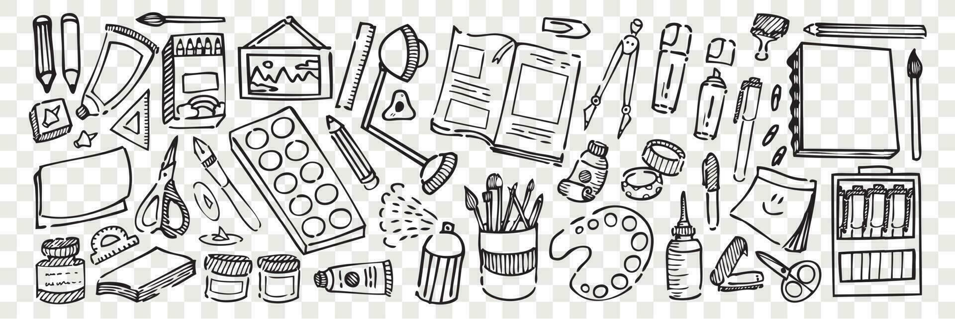 Hand drawn artistic equipment doodle set vector