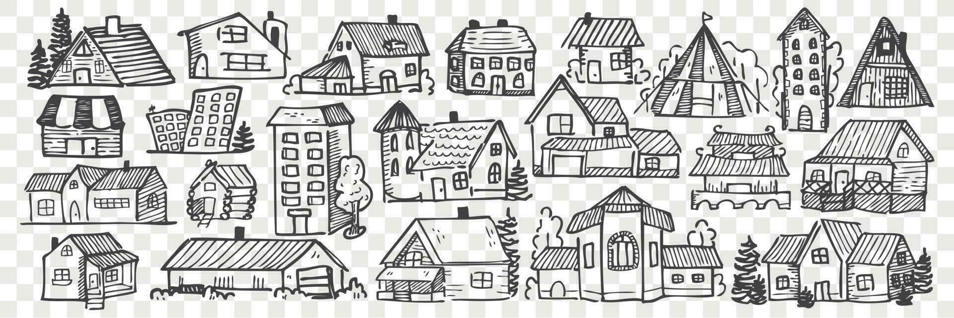 Hand drawn buildings doodle set. vector