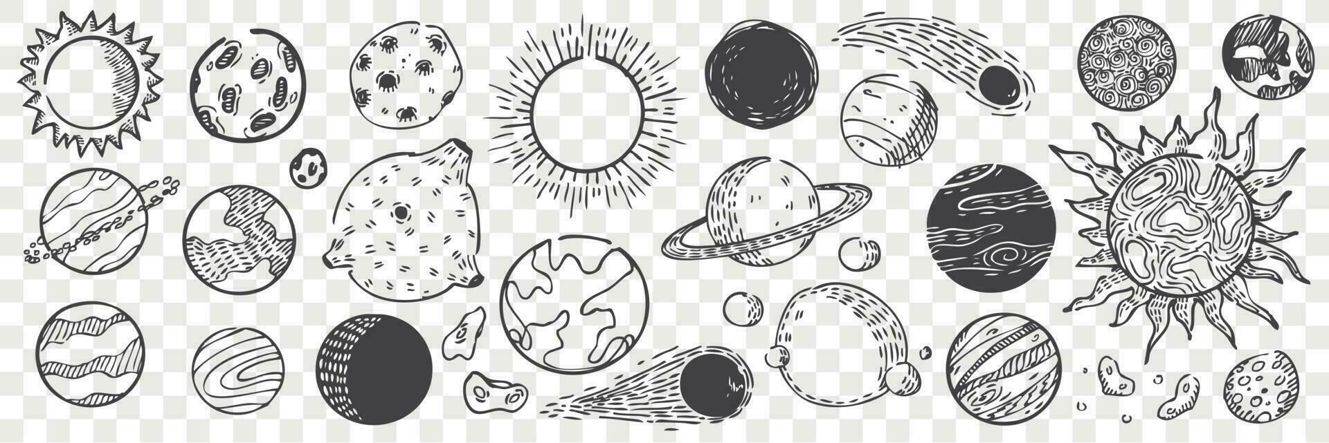 Hand drawn planets doodle set. vector