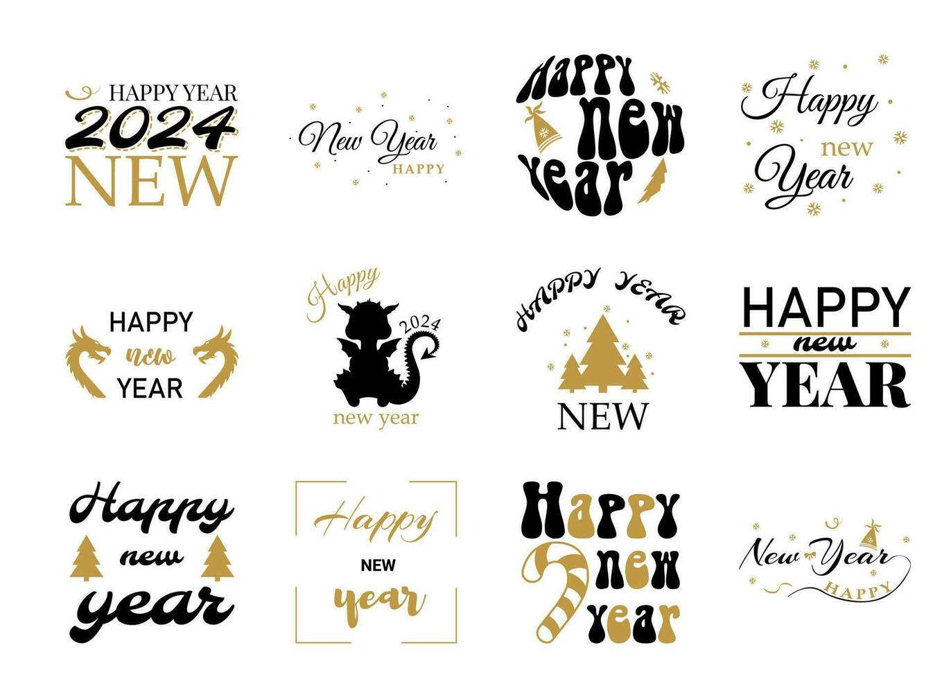 conjunto de contento nuevo año 2024 logo diseño. logo texto diseño para nuevo año 2024 y Navidad. pegatinas negro 2024 para cuadernos, calendarios, sitios web y diarios vector