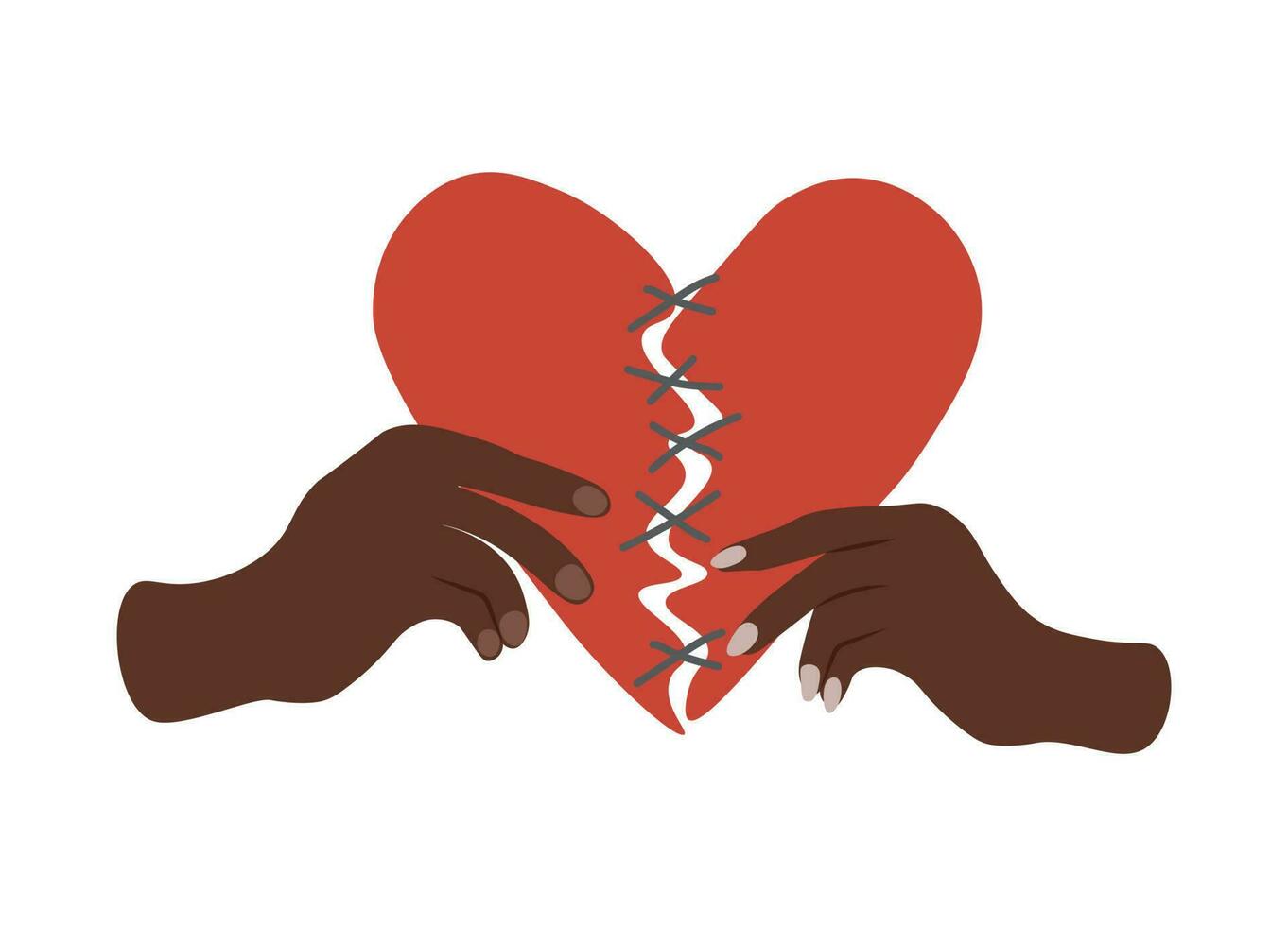 Red broken heart sewn with black threads in hands man and woman. Reconciliation concept.Restore love vector